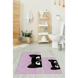 Evdeya Dijital Baskılı Yıkanabilir Kedi Desenli Ikili Banyo Halısı Paspas, Klozet-40-Pembe,