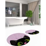 Evdeya Dijital Baskılı Yıkanabilir Kedi Desenli Ikili Banyo Halısı Paspas Yuvarlak, Klozet-40-Pembe,