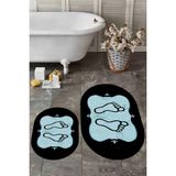 Evdeya Dijital Baskılı Yıkanabilir Modern Ayak Izi Desenli Ikili Oval Banyo Halısı, Klozet-20-Mavi, - Pembe