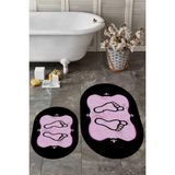 Evdeya Dijital Baskılı Yıkanabilir Modern Ayak Izi Desenli Ikili Oval Banyo Halısı, Klozet-20-Pembe, - Siyah