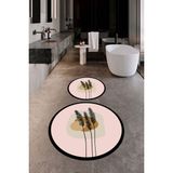 Evdeya Dijital Baskılı Yıkanabilir Renkli Çiçekli Ikili Banyo Halısı Paspas Yuvarlak, Klozet-28-Pembe,