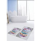 Evdeya Dijital Baskılı Yıkanabilir Renkli Etnik Yaprak Desen Ikili Banyo Halısı, Klozet-25-Gri,