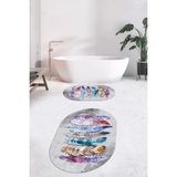 Evdeya Dijital Baskılı Yıkanabilir Renkli Etnik Yaprak Desen Ikili Banyo Halısı Oval, Klozet-25-Gri,