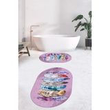 Evdeya Dijital Baskılı Yıkanabilir Renkli Etnik Yaprak Desen Ikili Banyo Halısı Oval, Klozet-25-Pembe,