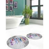 Evdeya Dijital Baskılı Yıkanabilir Renkli Etnik Yaprak Desen Ikili Banyo Halısı Yuvarlak, Klozet-25-Gri,