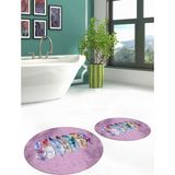Evdeya Dijital Baskılı Yıkanabilir Renkli Etnik Yaprak Desen Ikili Banyo Halısı Yuvarlak, Klozet-25-Pembe,
