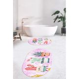 Evdeya Dijital Baskılı Yıkanabilir Renkli Kaktüs Desenli Ikili Banyo Halısı Oval, Klozet-24-Pembe,
