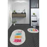Evdeya Dijital Baskılı Yıkanabilir Renkli Kediler Desenli Ikili Banyo Halısı Oval, Klozet-41-Gri,