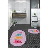 Evdeya Dijital Baskılı Yıkanabilir Renkli Kediler Desenli Ikili Banyo Halısı Oval, Klozet-41-Pembe,