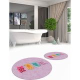 Evdeya Dijital Baskılı Yıkanabilir Renkli Kediler Desenli Ikili Banyo Halısı Yuvarlak, Klozet-41-Pembe,