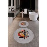 Evdeya Dijital Baskılı Yıkanabilir Renkli Yaprak Desen Ikili Banyo Halısı Yuvarlak, Klozet-27-Gri,