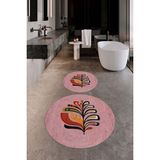 Evdeya Dijital Baskılı Yıkanabilir Renkli Yaprak Desen Ikili Banyo Halısı Yuvarlak, Klozet-27-Pembe,