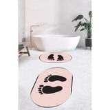 Evdeya Dijital Baskılı Yıkanabilir Sade Ayak Izi Desenli Ikili Oval Banyo Halısı, Klozet-21-Pembe,