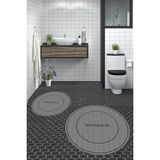 Evdeya Dijital Baskılı Yıkanabilir Sade Bathroom Yazılı Yuvarlak Banyo Paspası, Klozet-04-Gri,