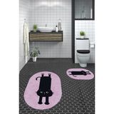 Evdeya Dijital Baskılı Yıkanabilir Sevimli Kedi Ikili Banyo Halısı Paspas Oval, Klozet-39-Pembe,