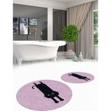 Evdeya Dijital Baskılı Yıkanabilir Sevimli Kedi Ikili Banyo Halısı Paspas Yuvarlak, Klozet-39-Pembe,