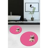 Evdeya Dijital Baskılı Yıkanabilir Sevimli Köpek Ikili Banyo Halısı Paspas Yuvarlak, Klozet-38-Pembe,