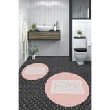 Evdeya Dijital Mozaik Desen Bath Yazılı İkili Yuvarlak Banyo Paspası Klozet Takımı Y-KLOZET-7, Pembe, 60 x 60