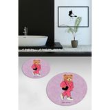 Evdeya Dijital Yıkanabilir Kaymaz Ayıcık Desen İkili Banyo Halısı Paspas Yuvarlak Klozet Takımı Y-KLOZET-34, Pembe, 40 x 60
