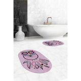 Evdeya Dijital Yıkanabilir Kaymaz Baykuş Desen İkili Banyo Halısı Paspas Oval Klozet Takımı O-KLOZET-35, Pembe, 40 x 60