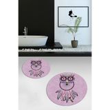 Evdeya Dijital Yıkanabilir Kaymaz Baykuş Desen İkili Banyo Halısı Paspas Yuvarlak Klozet Takımı Y-KLOZET-35, Pembe, 40 x 60