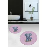 Evdeya Dijital Yıkanabilir Kaymaz Modern Fil Desen İkili Banyo Paspas Yuvarlak Klozet Takımı Y-KLOZET-33, Pembe, 40 x 60