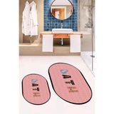 Evdeya Dijital Yıkanabilir Kaymaz Renkli Bath Yazılı İkili Oval Banyo Paspası Klozet Takımı O-KLOZET-8, Pembe, 60 x 60