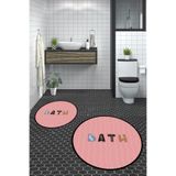 Evdeya Dijital Yıkanabilir Kaymaz Renkli Bath Yazılı İkili Yuvarlak Banyo Paspası Klozet Takımı Y-KLOZET-8, Pembe, 60 x 60