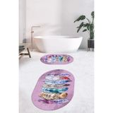 Evdeya Dijital Yıkanabilir Kaymaz Renkli Etnik Yaprak Desen İkili Banyo Halısı Oval Klozet Takımı O-KLOZET-25, Pembe, 40 x 60