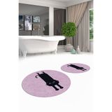 Evdeya Dijital Yıkanabilir Kaymaz Sevimli Kedi İkili Banyo Halısı Paspas Yuvarlak Klozet Takımı Y-KLOZET-39, Pembe, 40 x 60