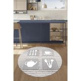Evdeya Fincan Çatal Bıcak Desenli Yıkanabilir Kaymaz Taban Yuvarlak Mutfak Halısı Y-MUTFAK-14, Beyaz, 180 x 180