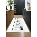Evdeya Kitchen Yazılı Kaşık Çatal Bıçak Desenli Yıkanabilir Yolluk Mutfak Halısı MUTFAK-49, Beyaz, 80 x 200