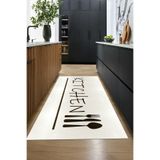 Evdeya Kitchen Yazılı Kaşık Çatal Bıçak Desenli Yıkanabilir Yolluk Mutfak Halısı MUTFAK-49, Krem Rengi, 60 x 150