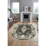 Evdeya Klasik Çerçeve Desen Modern Yıkanabilir Yolluk Mutfak Oval Salon Halısı O-ÇERÇEVELİ-19, Krem Rengi, 40 x 60