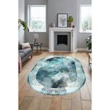 Evdeya Mermer Çerçeve Desen Modern Yıkanabilir Yolluk Mutfak Oval Salon Halısı, O-Çerçeveli-17-Mavi, - 80 x 200 cm