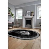 Evdeya Modern Çerçeve Desen Yıkanabilir Kaymaz Taban Yolluk Mutfak Oval Salon Halısı O-ÇERÇEVELİ-25, Antrasit, 60 x 100