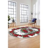 Evdeya Modern Çiçek Dijital Kaymaz Taban Yıkanabilir Oval Yolluk Mutfak Salon Halısı O-MODERN-21, Beyaz, 180 x 280