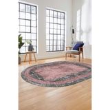 Evdeya Sade Motifli Çerçeve Desen Modern Yıkanabilir Yolluk Mutfak Oval Salon Halısı O-ÇERÇEVELİ-14, Pembe, 80 x 150