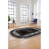 Evdeya Sade Motifli Çerçeve Desen Modern Yıkanabilir Yolluk Mutfak Oval Salon Halısı O-ÇERÇEVELİ-14, Siyah, 80 x 200