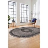 Evdeya Sade Tasarım Çerçeve Desenli Modern Yıkanabilir Mutfak Oval Salon Halısı O-ÇERÇEVELİ-12, Gri, 80 x 200