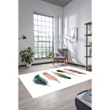 Evdeya Yaprak Desen Baskılı Kaymaz Taban Yıkanabilir Modern Yolluk Salon Halısı MODERN-114, Beyaz, 80 x 300