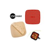 EveFix 150 Adet Kullan-At Delikli Kare Pişirme Kağıdı ve Kare Kırmızı Pişirme Matı, 21,5cm