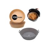 EveFix Air Fryer Pişirme Matı 20 cm Gri Silikon ve 100 Adet Yuvarlak Delikli Pişirme Kağıdı Seti