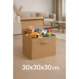 EVELLA HOME Bej Kapaklı Oyuncak Saklama Kutusu 30x30x30 cm Çok Amaçlı Dolap Düzenleyici