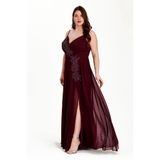 EVEN plus size Bordo Askılı Taşlı Şifon Büyük Beden Abiye Elbise