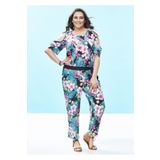 Even Plus Size - Büyük Beden Kadın Giyim Mavi Çiçekli Viskon Büyük Beden Tulum