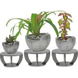 Evene Ahşap Ayaklı Beton Saksı Büyük Boy Set 3 Adet Önü Açık Model - Gümüş