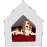 Evene Ahşap Köpek Kulübesi Dekoratif Köpek Evi Çizgili Çatılı Model - Beyaz