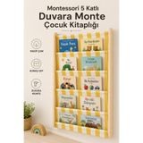 EverAlpina Montessori Duvara Monte Ahşap Çocuk Kitaplığı Kanvas Cepli Kitap Düzenleyici Sarı Beyaz
