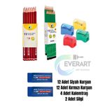 everart Adel 12 Renk Siyah Kurşun , 12 Renk Kırmızı Kopya Kalem, 2'li Sınav Silgisi 4'lü Kalemtraş